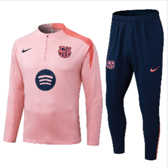 Pink tracksuit with dark blue pants on a light gray background
